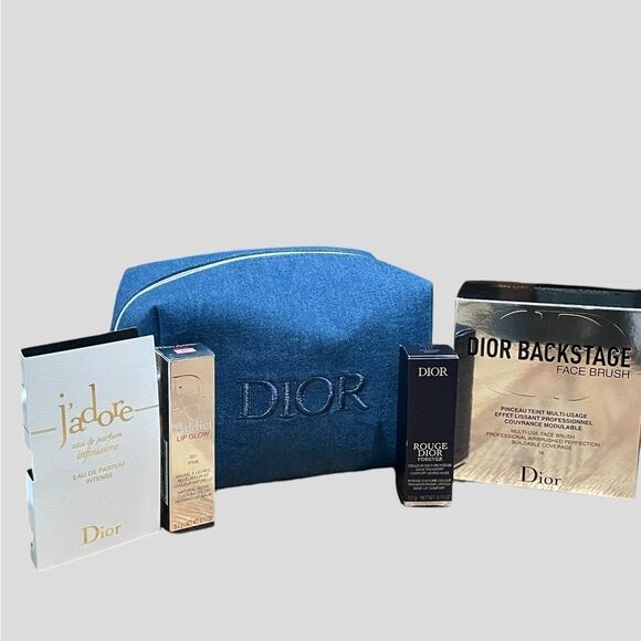 DIOR Christian Dior Denim Makeup Bag Bundle Lip Addict J’adore Rouge Face Brush - Picture 1 of 10